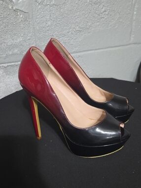 Women's Two-Tone Red and Black Peep-Toe Platform Heels